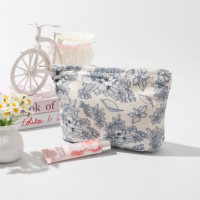 Cosmetic Bags for Women - Corduroy Cosmetic Bag Aesthetic Women Handbags Purses Smile Dots Makeup Organizer Storage Makeup Bag Girls Case Bags (Flowers-Navy blue) - Image 2