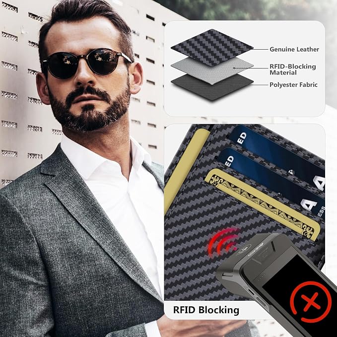 Travelambo 100% Genuine Leather Wallet for Men and Women, Slim Minimalist RFID Blocking Front Pocket Credit Card Holder with Gift Box(Carbon Fiber Black) - Image 3