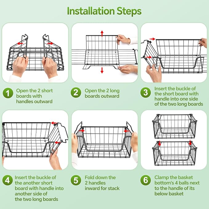 4 Pack Foldable Wire Basket for Pantry Organizers and Storage | Stackable Vegetable Fruit Basket for Kitchen Counter, Black Potato and Onion Storage Bins - Image 8