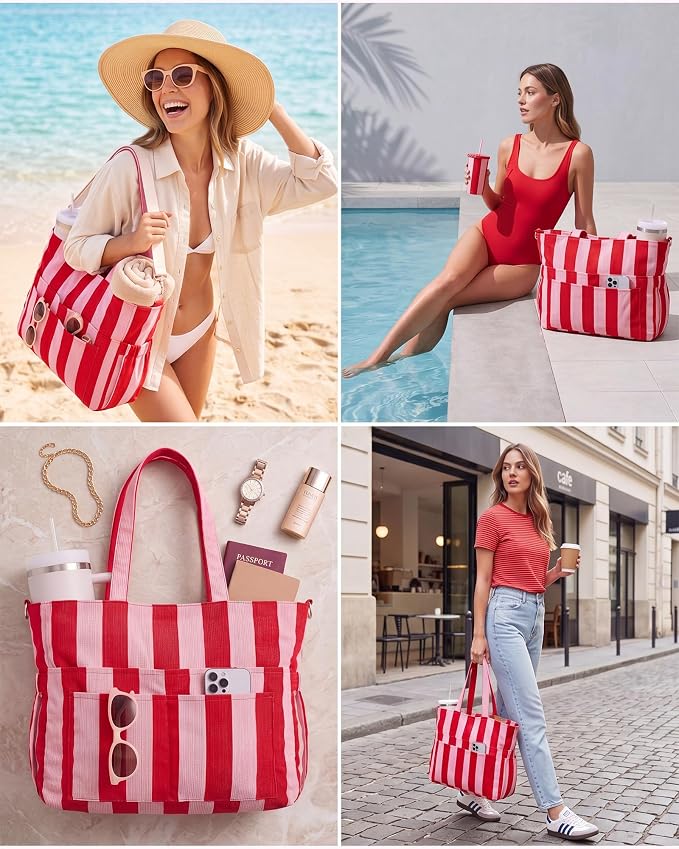 Kacctyen Striped Beach Tote Bag for Women Large Beach Foldable Tote Bag with Zipper Pockets for Travel Pool - Image 5