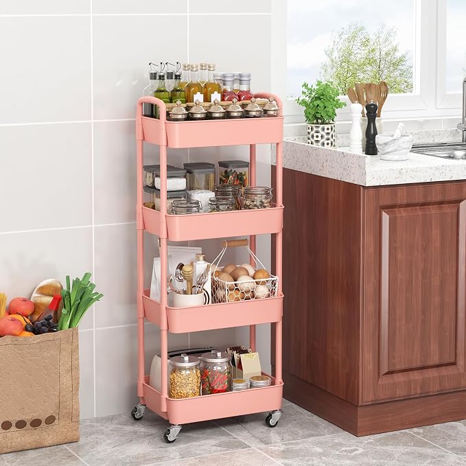 Sywhitta 4-Tier Plastic Rolling Utility Cart with Wheels for Storage, Pink | Multi-Functional Storage Trolley, for Office, Living Room, Kitchen, Bathroom,Movable Organizer,Space-Saving,Easy to assemble - Image 3