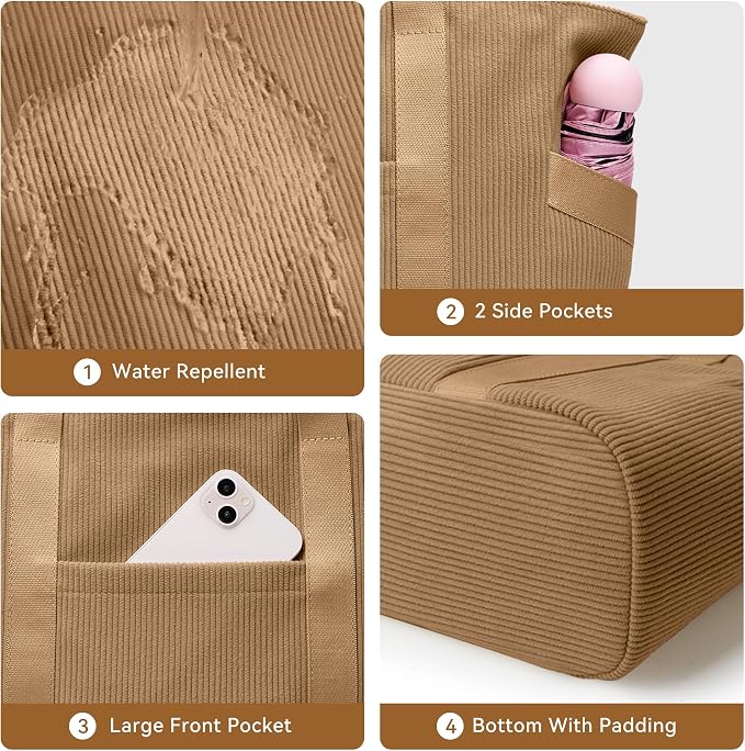 Tote Bag for Women, Casual Hobo Handbags with Compartments | Water Repellent Corduroy Large Capacity Fits 15.6" Laptop Zipper Closure for Travel Work School - Image 6
