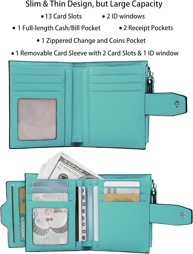 Women's RFID Blocking Leather Small Compact Bi-fold Zipper Pocket Wallet Card Case Purse with id Window - Image 2