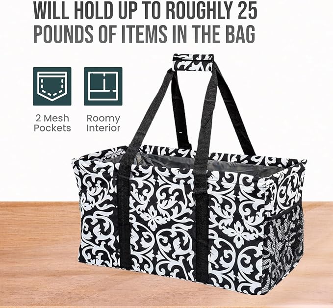 Extra Large Utility Tote Bag - Oversized Collapsible Reusable Wire Frame Rectangular Canvas Basket With Two Exterior Pockets For Beach, Pool, Laundry, Car Trunk, Storage - Damask Black - Image 5