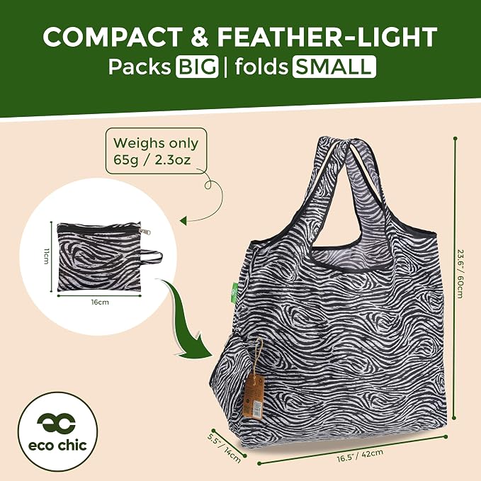 ECO CHIC Foldable Reusable Large Recycled Grocery Bags Lightweight Shopping Tote Bags with Storage Pouch - Collection of 4 bags - Image 4