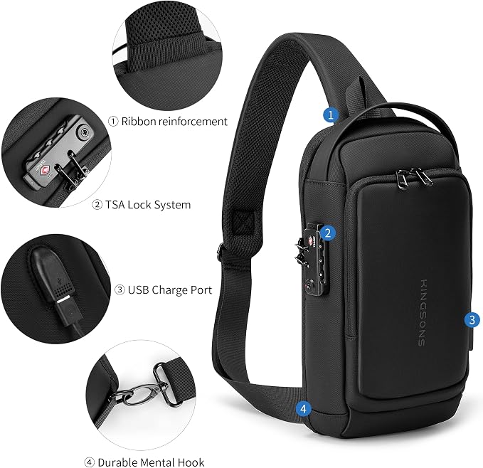 VGOAL Sling Crossbody Bag Anti-Theft Chest Shoulder Backpack for Men | Waterproof,Combination Lock,USB Charge Port,Minimalist,Fits 9.7 inch Ipad,Casual,Suitable for Business,Travel,Cycling - Image 4