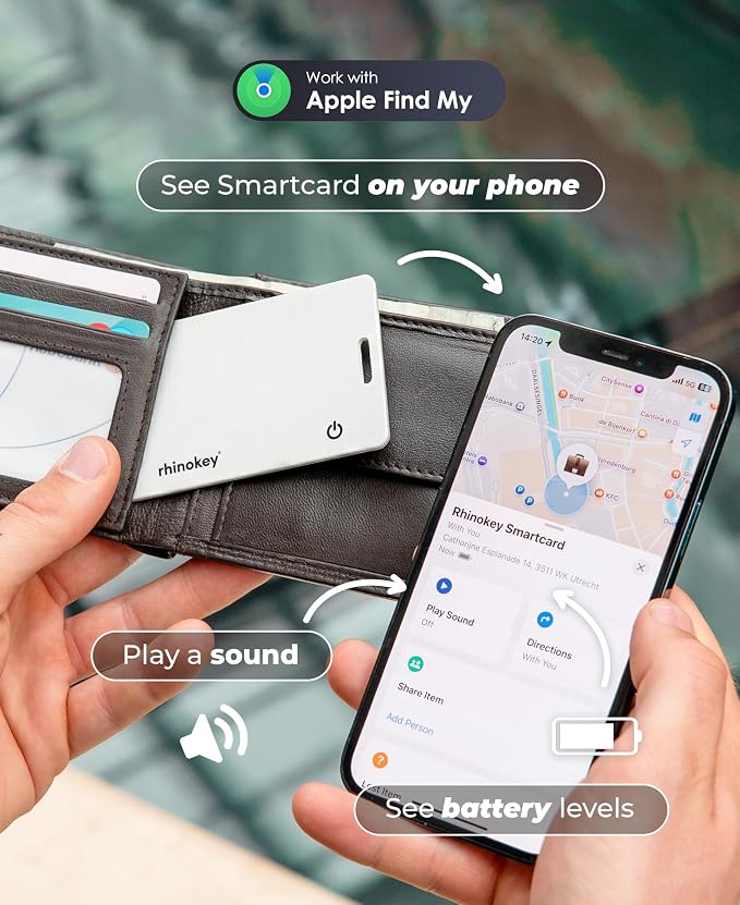 Rhinokey® Wallet Tracker Card Compatible with Apple Find My 0.07 inch IP68 | (iOS Only) Slim 0.07in Rechargeable IP68 Waterproof Tracker Item Finder Credit Card Tracker with Keychain Hole for Luggage - Image 4
