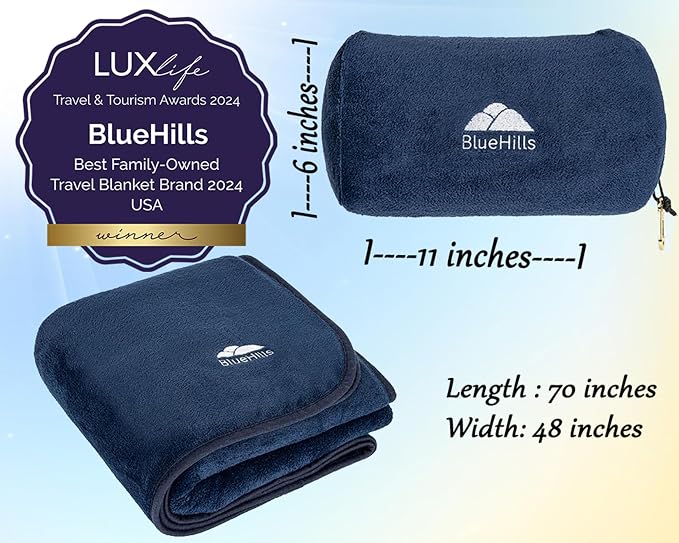 BlueHills Premium Soft Rolled Travel Blanket Pillow Airplane - Navy Blue | Travel Accessories, Lightweight Plush, Full Body Coverage, Compact Carry Case, Warm Travel Cover/Gift, 70 X 48 Long Blanket - Image 5