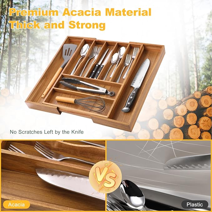 Large Premium Acacia Silverware Organizer - Expandable Drawer Organizer & Utensil Organizer - 17"x19.7" Cutlery Tray with Dividers for Kitchen Utensils and Flatware (7-9 Slots) Acacia - Image 5