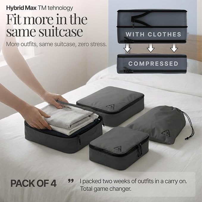 4-Piece Luxury Compression Packing Cubes & Bags for Travel – Maximize Space in Luggage with HybridMax Double-Capacity Design, 50 Luggage Tags, Patented Suitcase Organizer Bags, Lifetime Satisfaction - Image 2