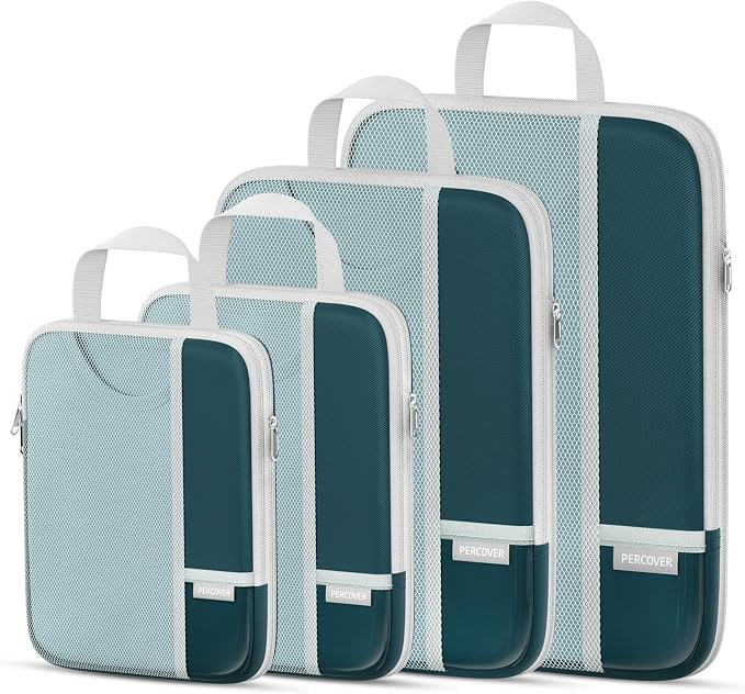 Percover Compression Packing Cubes for Travel, 4-Piece Structured Compression Organizer Set with Label Pockets for Carry-On & Checked Luggage, Peacock Green by Unknown