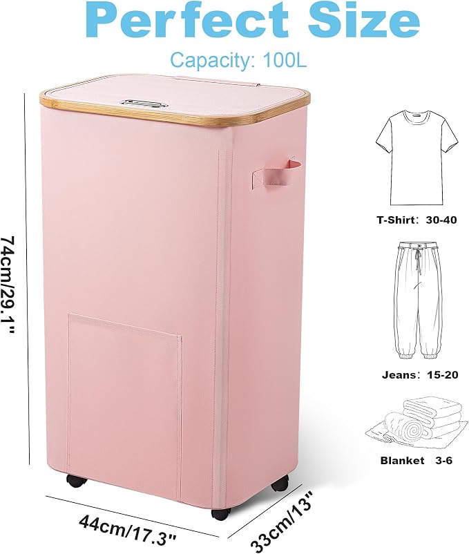 Vincona Laundry Basket with Wheels, Tall Dirty Clothes Hamper on Wheels, Rolling Laundry Hamper with lid for Dorm, Bedroom and Bathroom (Pink, 100L) - Image 2