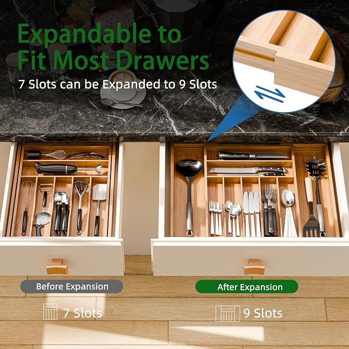Simple Trending Expandable Bamboo Kitchen Drawer Organizer, Natural | Adjustable Silverware Organizer with 9 Compartments, Practical Utensil Cutlery Tray for Flatware, Flexible Storage - Image 7