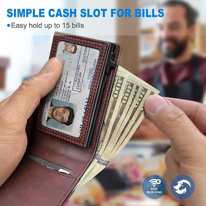 Wallet for Men, Slim Pop Up Card Holder with RFID Blocking, Minimalist Bifold Wallet with 9 Card Slots, ID Window and Cash Pocket, Metal Flip Case with Magnetic Closure, Gift Box - Image 4