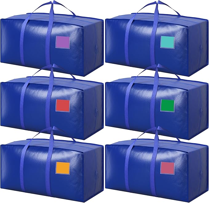 6 Pack Moving Bags with Full-Open Side Zipper, Extra Large 93L Heavy Duty Waterproof Foldable Storage Totes for College Dorm, Moving & Home Organization,Blue by RMOHRO