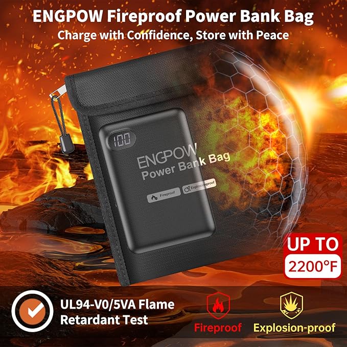 ENGPOW Fireproof Organizer Travel Safe Bag, Portable Electronic Carry Case | Heat Insulated＆Explosion-Proof, Home Travel Storage for Power Bank,Phone,Cables,USB Drive,Charging Protection,9''x7'',Black - Image 2