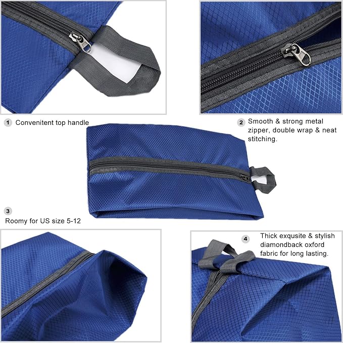Washable Shoe Bags for Travel, 4 Pack Blue, Nylon and Oxford Fabric, Zipper Closure - Image 2