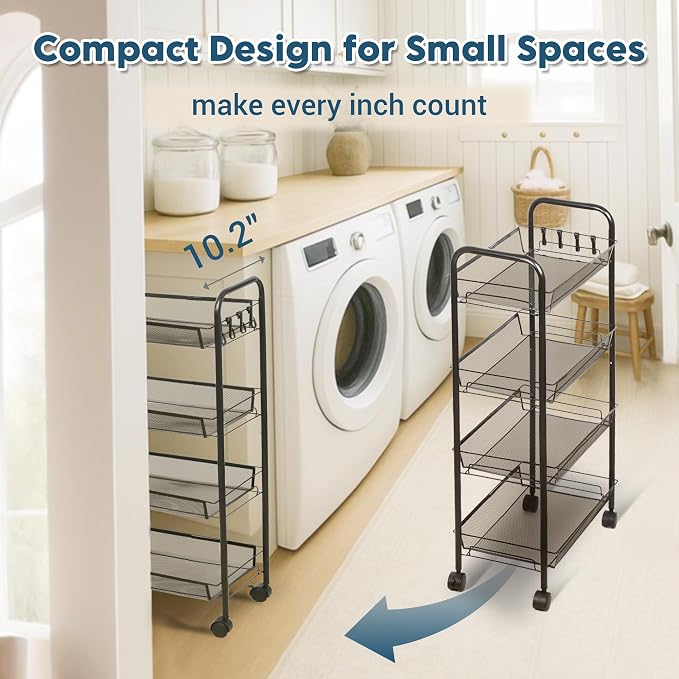 LOFTEY 4 Tier Rolling Cart, Small Metal Utility Cart with Wheels, Black | 10.2" Slim Width, Four Mesh Baskets, 15 lb Load Capacity per Basket, Tool-Free Assembly, Ideal for Bathroom & Snack Storage - Image 4