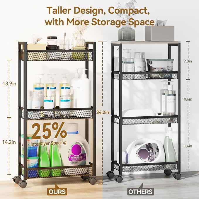 Slim Rolling Storage Cart, Metal 3 Tier Bathroom Storage Organizer Laundry Room Utility Cart for Kitchen, Bthroom, Makeup, Craft, Laundry Narrow Places, Black - Image 3
