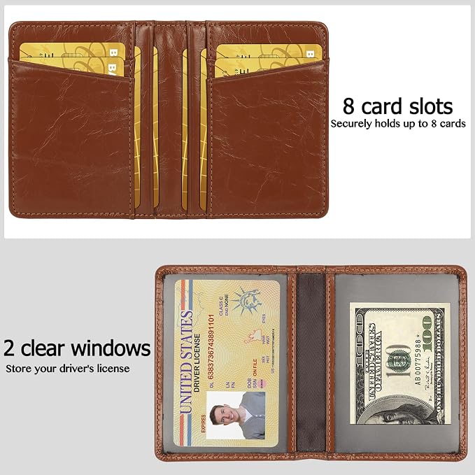 Unaone Slim Minimalist Wallet - Premium Leather Card Holder RFID Blocking Card Case with 8 Card Slots and 2 ID Window, Crackle Brown - Image 2