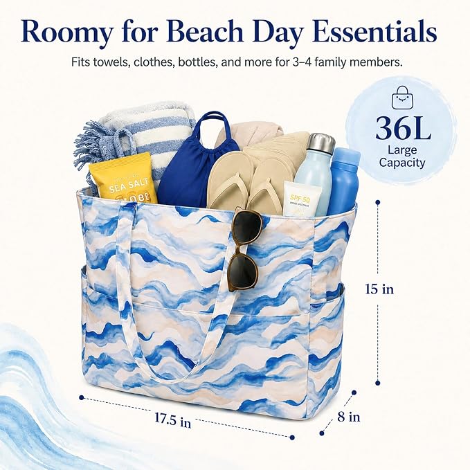 LEDAOU Beach Bag Waterproof Sandproof Women Beach Tote Pool Bag with Zipper for Swim Gym Grocery Travel with Wet Pocket | Sandproof - Image 4