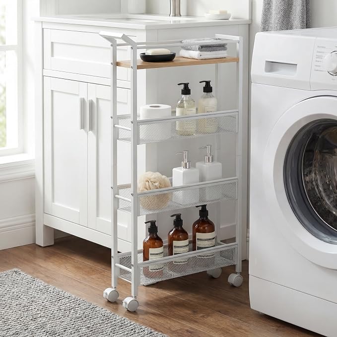4 Tier Slim Rolling Storage Cart, 5.1 Inch Wide Narrow Storage Cart with Handle, Iron Wood Utility Slide Out Pantry Shelf Organizer for Laundry Room, Bathroom, Kitchen, Small Spaces,White - Image 4