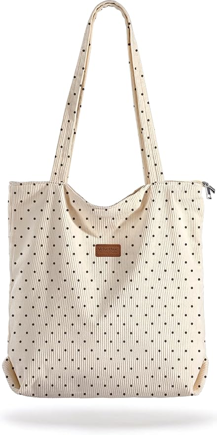 Aesthetic Corduroy Tote Bag with Zipper for Women | Reusable, Fits 14 Inch Laptop, Inner Pocket, double-sided print, Lightweight by VelvetHue