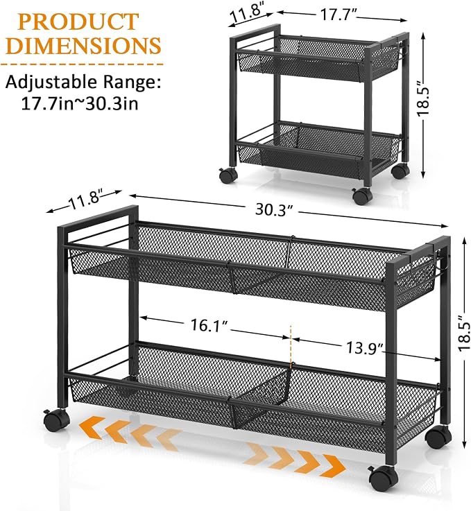 3IngSeagulls 2-Tier Expandable Rolling Pantry Floor Organizer, Stackable Pantry Storage Cart with Wheels, Kitchen Fruit and Vegetable Storage Rack for Onion, Potato, Food, Snacks - Image 2