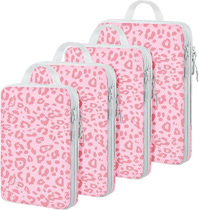 4 Set Compression Packing Cubes For Travel Bags Organizer For Luggage Suitcase Organizer, Compression Bags For Travel Accessories Luggage Storage Set (4 Pcs, Pink Leoparda) by Unknown