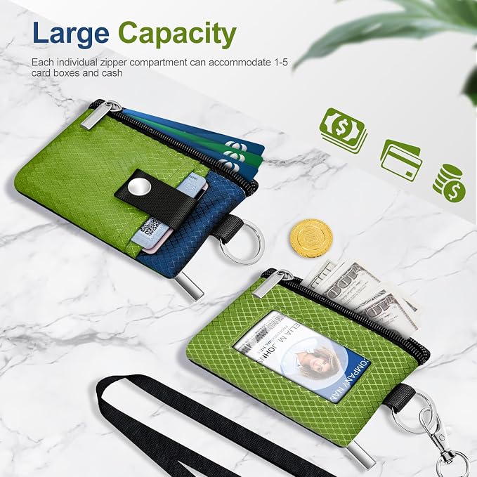 Minimalist RFID Blocking Small Wallet with ID Window,WaterResistant Zip Id Case Wallet with Lanyard Keychain for Cards,Cash,Travel,Women,Men (Olive Green/Electric Blue) - Image 7