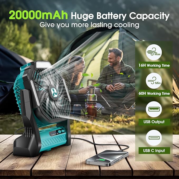 Portable Rechargeable Fan, 20000mAh Cordless Battery Powered Camping Fans | Green - Image 2