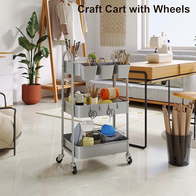 3 Tier Gray Metal Rolling Cart, Storage Cart with Handle & Lockable Wheels | Multifunctional Three Tiered Utility Organizer Carts for Kitchen, Office, Bathroom, Craft, Art,Snack,Baby Supplies,Mesh Shelf - Image 6