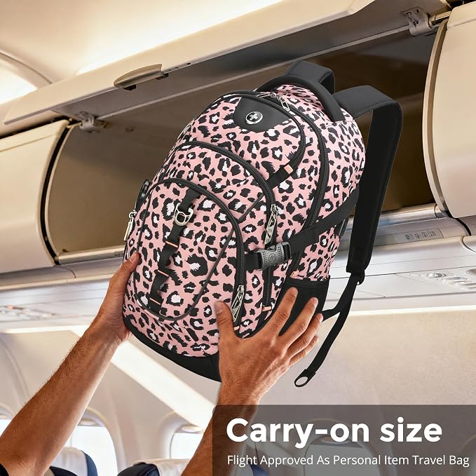 Swissdigital Laptop Backpack with USB Charging Port, Travel Backpack Fits 15.6 inches Computer, 31L Backpack for Women, Pink Leopard | SD803-102 - Image 3