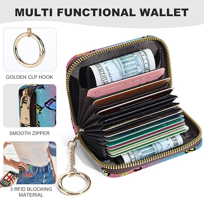 Credit Card Holder for Women,Small Rfid Wallet with Keychain Zipper,Cute PU Leather Card Case Wallet，Accordion Credit Card Wallets Gift,Colorful Butterflies - Image 2