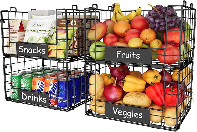 JKsmart 4 Pack XL Stackable Wire Baskets, Pantry Organizers and Storage | Pantry Baskets with Handles and Name Plates, Muti-Purpose for Snack Organizer & Vegetable Basket & Fruit Basket & Snack Rack - Image 7