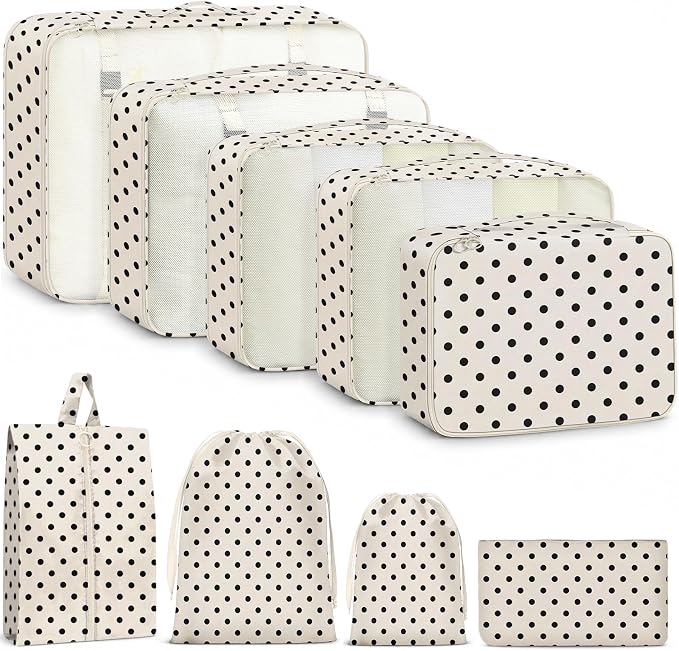 9 Set Packing Cubes for Travel Essentials - Lightweight Carry-On Luggage Organizer Bags with Shoe, Clothes & Laundry Bags for Airplane, Family & Business Travel, Polka dots by Unknown