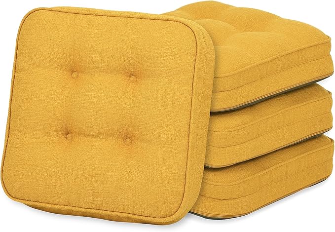 GOFORIT Memory Foam Cushion，Square Seat Cushions for Dining Chairs,Non-Slip Chair Pads with Removable Cover, 16'' x 16'',4 Pack, Yellow by Unknown
