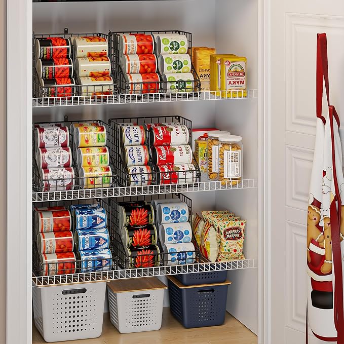 Stackable Can Organizer for Pantry with 2 Adjustable Dividers, Soda Can Organizer, Can Storage Dispenser Holds up to 28 Cans, 2 tier Metal Wire Baskets Can Holder for Kitchen Cabinet Pantry, Black - Image 3