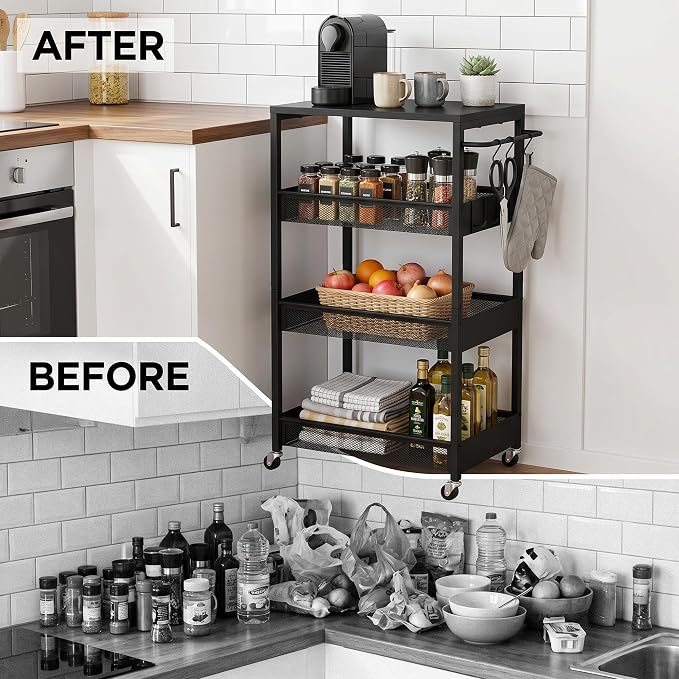 Rolling Utility Cart, 4 Tier Metal Storage Cart with Handle and Wood Top, Multifunctional Mobile Shelf Unit Organizer Trolley for Laundry, Bathroom, Kitchen - Image 2