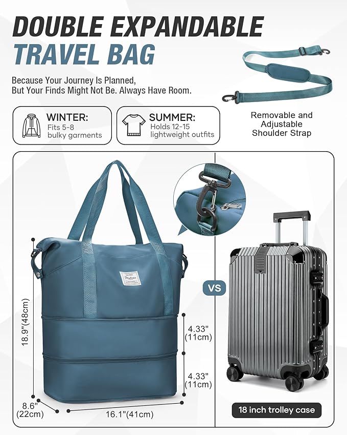 Foldable Travel Bag Expandable Duffle Bag for Women Men, Large Weekend Bags | Waterproof Carry On Personal Item Duffel Bag 40L Double-layer, Overnight Weekender Bags with Luggage Sleeve, Peacock Blue - Image 4