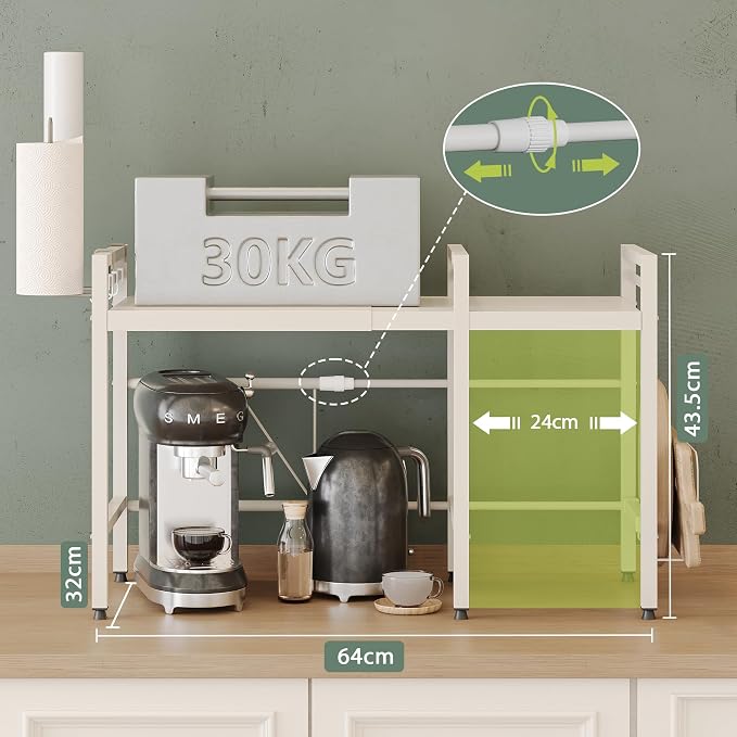 2 Tier Expandable Microwave Stand countertop,Microwave Oven Rack | microwave shelf with Paper Towel and Chopping Board Holder, storage shelf for pans &appliances,8 Hooks,55lbs max load,White - Image 3
