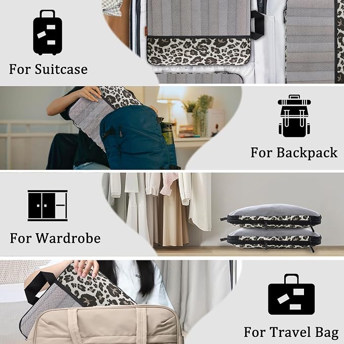U+U 4 Set Compression Packing Cubes, Travel Organizers (Leopard) | Space-Saving & Lightweight Travel - Image 8