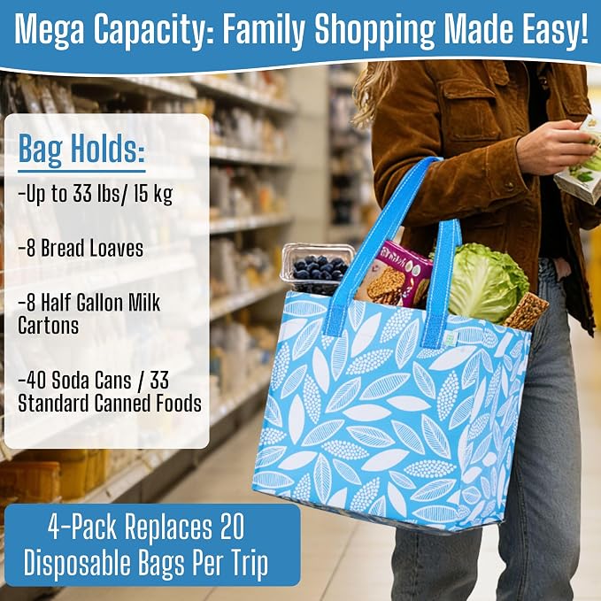 VENO 4 Pack Large Grocery Bag Reusable Shopping Bags with Hard Bottom | Utility Tote with Reinforced Handles, Heavy Duty, Foldable, Stand Upright, for Groceries Shopping Cart(Spring Breeze, 4 Pack) - Image 5