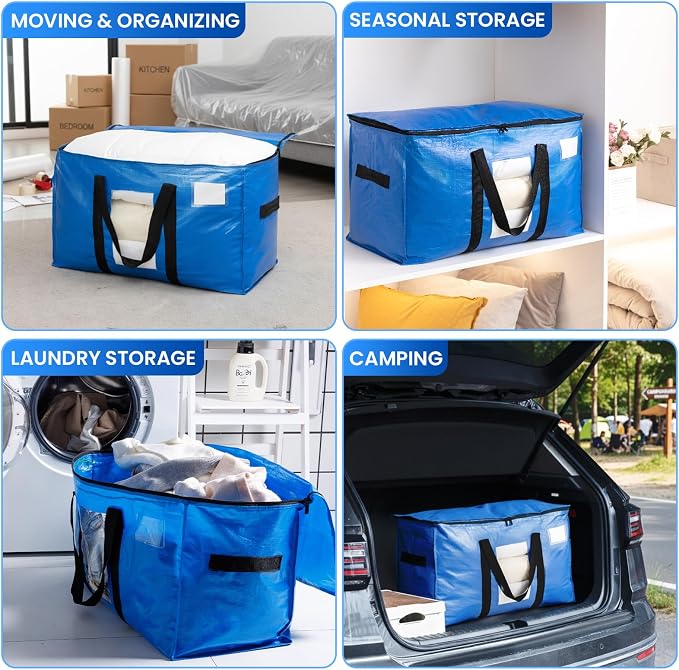 TAILI 4 Pack Blue Extra Large Moving Bags,Storage Bags with Visible Window | 93L Heavy Duty Totes For Storage,Wrap Around Handles,Alternative to Moving Boxes, College Dorm,Perfect for Moving - Image 9
