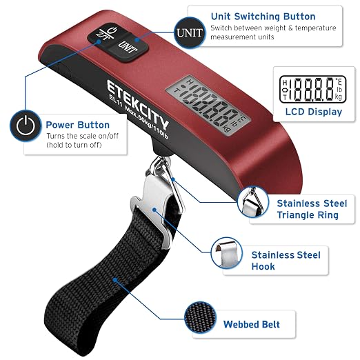 Etekcity Luggage Scale, Digital Weight Scales for Travel Accessories Essentials Suitcases , Portable Handheld Scale with Temperature Sensor, Rubber Paint, 110 Pounds, Battery Included | Travel Essentials, Air Travel, Suitcase, Hanging Hook, Rubber Grip... - Image 6