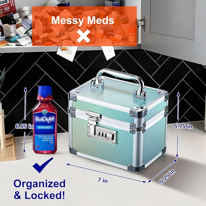 Lockable Medicine Storage Box - Shiny Turquoise Cabinet Med Lock Organizer, 7 * 5.25 * 5.75 Inches Safe Case with Combination Lock for Home, Dorm, Office, or Travel - Mini Size - Image 3