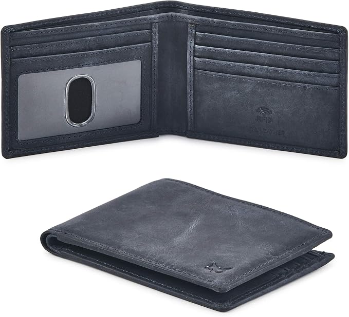Real Leather Mens Bifold Wallet RFID Blocking Slim Minimalist Front Pocket - Thin & Stylish with ID Window in Gift Box (Crazy Horse, Navy) by WiseOwlAccessories