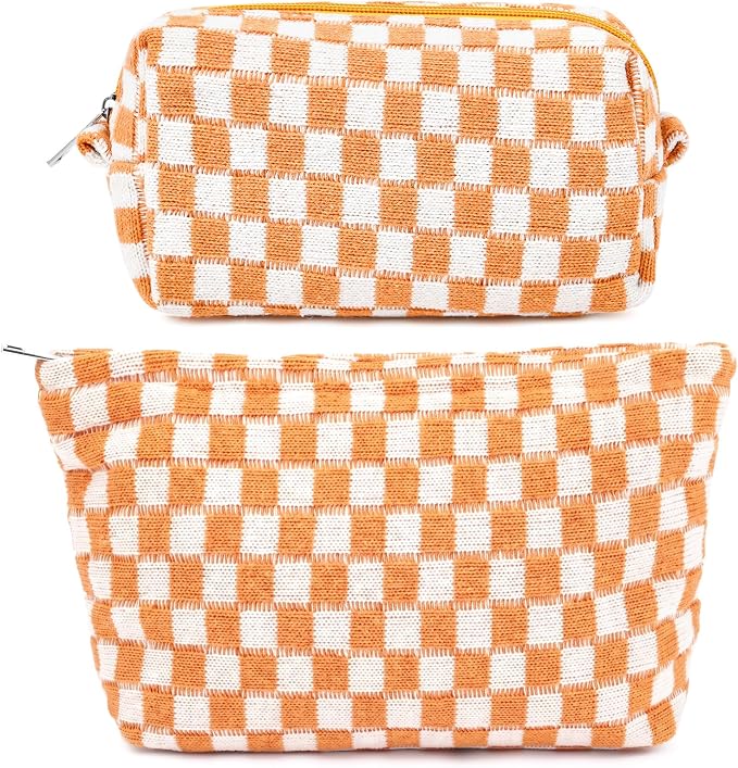 SOIDRAM 2 Pieces Makeup Bag Large Checkered Cosmetic Bag Capacity Canvas Mix Travel Toiletry Bag Organizer Cute Makeup Brushes Aesthetic Accessories Storage Bag for Women, Yellow checkered by SOIDRAM