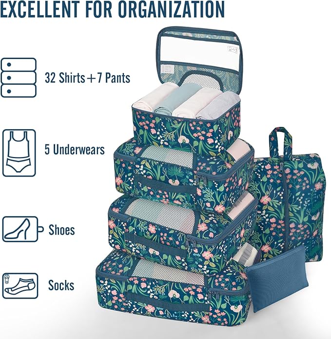 Veken 8 Set Packing Cubes for Travel Essentials,Anti-Wrinkle Buckled Suitcase Organizer for Shoe & Toiletry Bag,Carry On Luggage Bag with 99+ Count Mesh Holes for Airplane & College Dorm Accessories - Image 5
