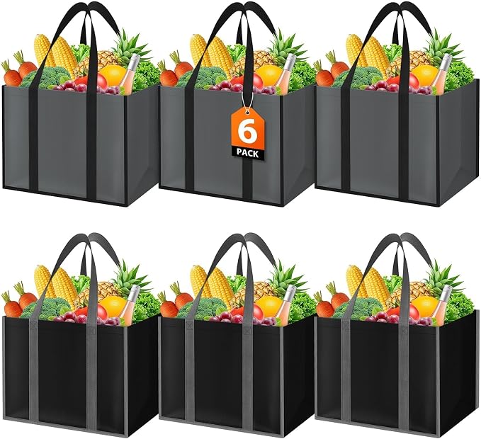 WISELIFE Reusable Grocery Bags with Handles, 35L, 6 Pack, Gray & Black | Large Shopping Bags with Reinforced Stitching, Water-Resistant Grocery Totes for Kitchen, Market, Car Trunk, Picnic by WiseLife
